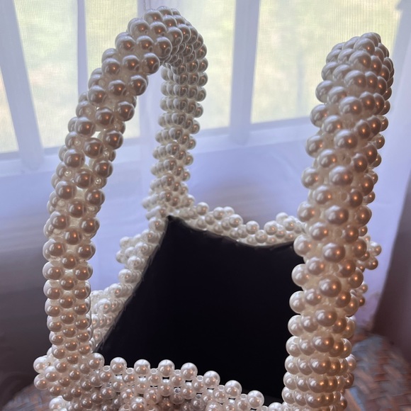 Beaded/Pearl Handmade Tote. White. Satin lined Interior. - Picture 6 of 15